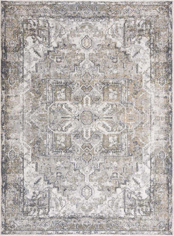 Close-up of the Hera Olive Boutique Washable Rug, showcasing its traditional, vintage pattern in olive, ivory, and navy hues. Design-Rectangle-5373