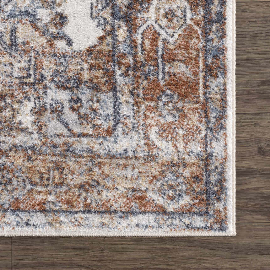Close-up of the Rust Hera Washable Area Rug showing its traditional pattern, rust, blue, and off-white colors. Swatch