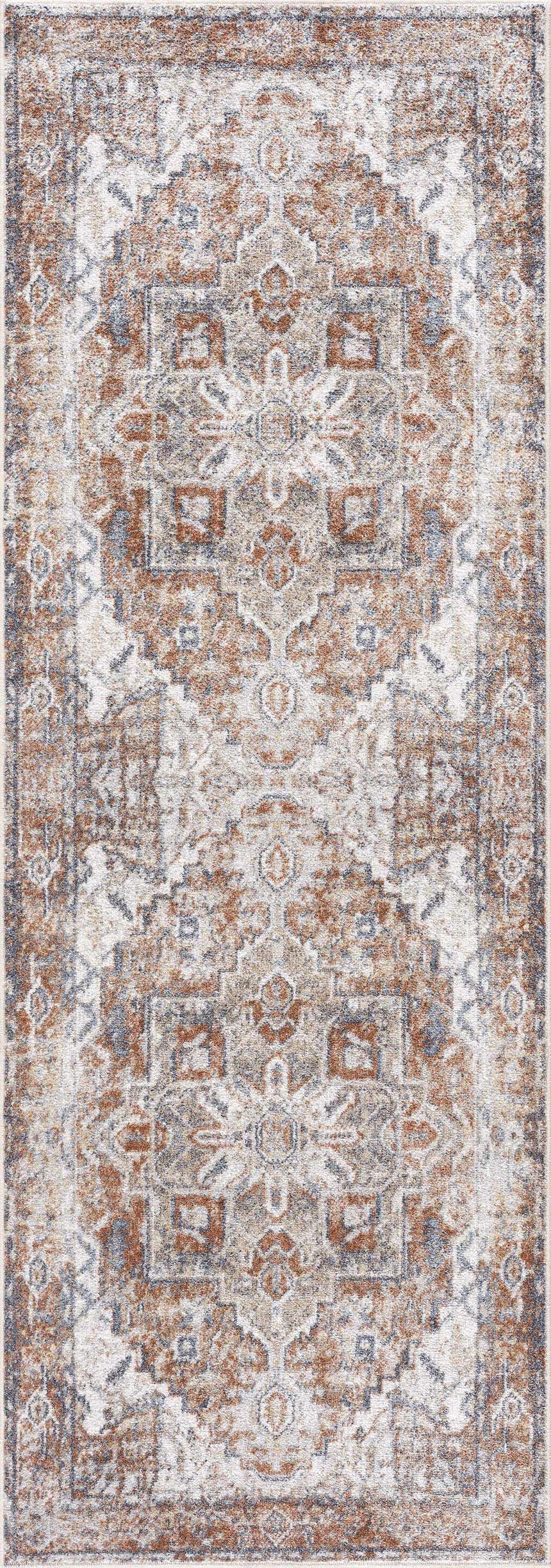 Close-up of the Rust Hera Washable Area Rug, showcasing its traditional rust, tan, and blue vintage-inspired pattern. Design-Runner-2773