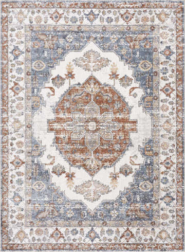 Close-up of Ebbe Washable Area Rug in clay, dark gray, and natural gray. Traditional, machine-woven design. Design-Rectangle-5373