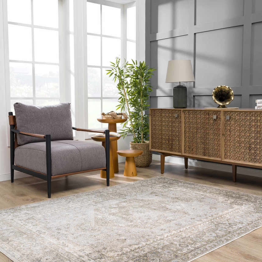 Living room scene with a light blue and olive Gael Boutique Washable Rug, gray chair, and wooden cabinet. Roomscene-Rectangle