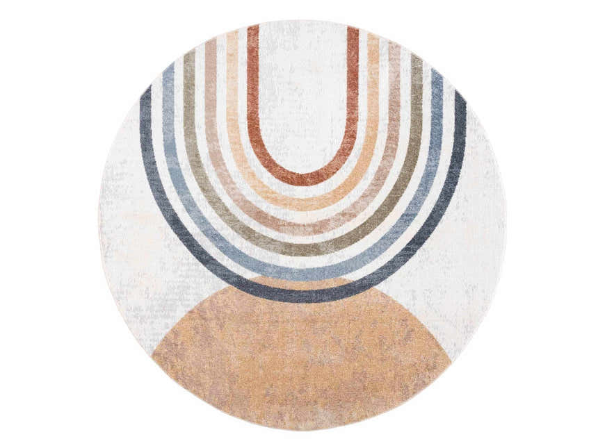 Close-up of round Giza Washable Area Rug. Features a rainbow pattern in blue, tan, rust, and off-white hues. Design-Round-67