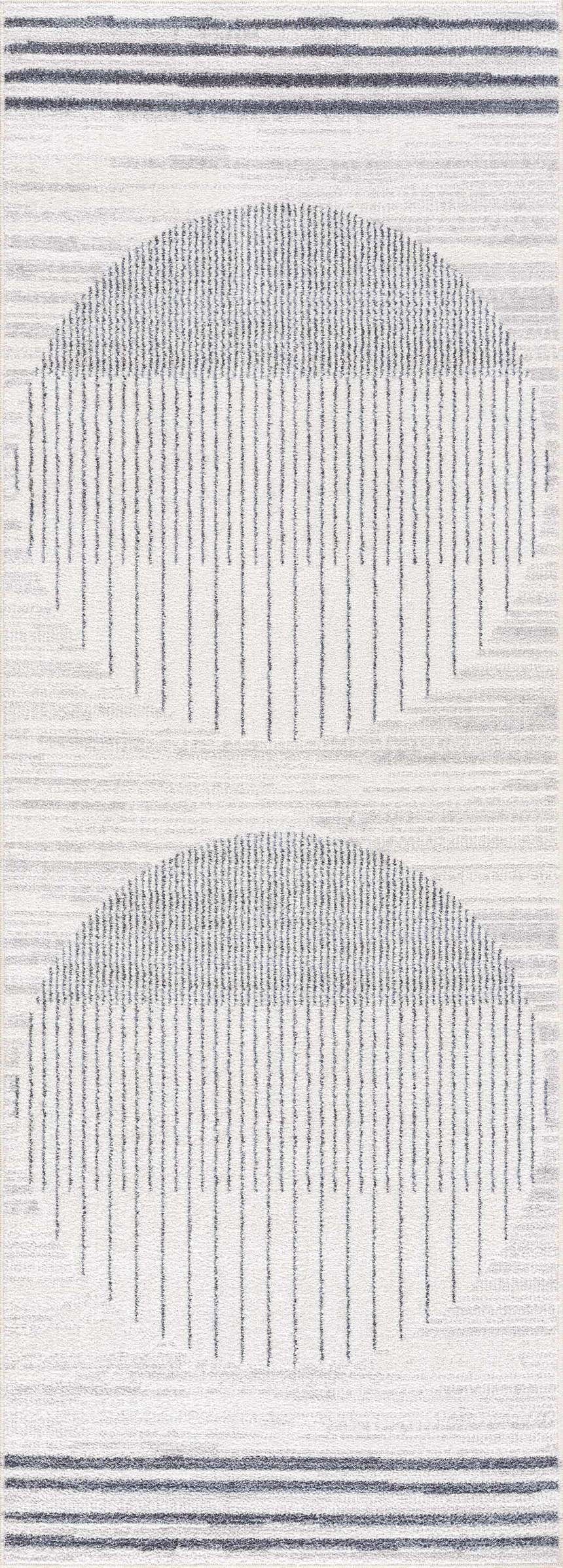 Close-up of the Thad Medium Gray Washable Area Rug, featuring a geometric pattern with bone, gray, and dark gray hues. Design-Runner-2773