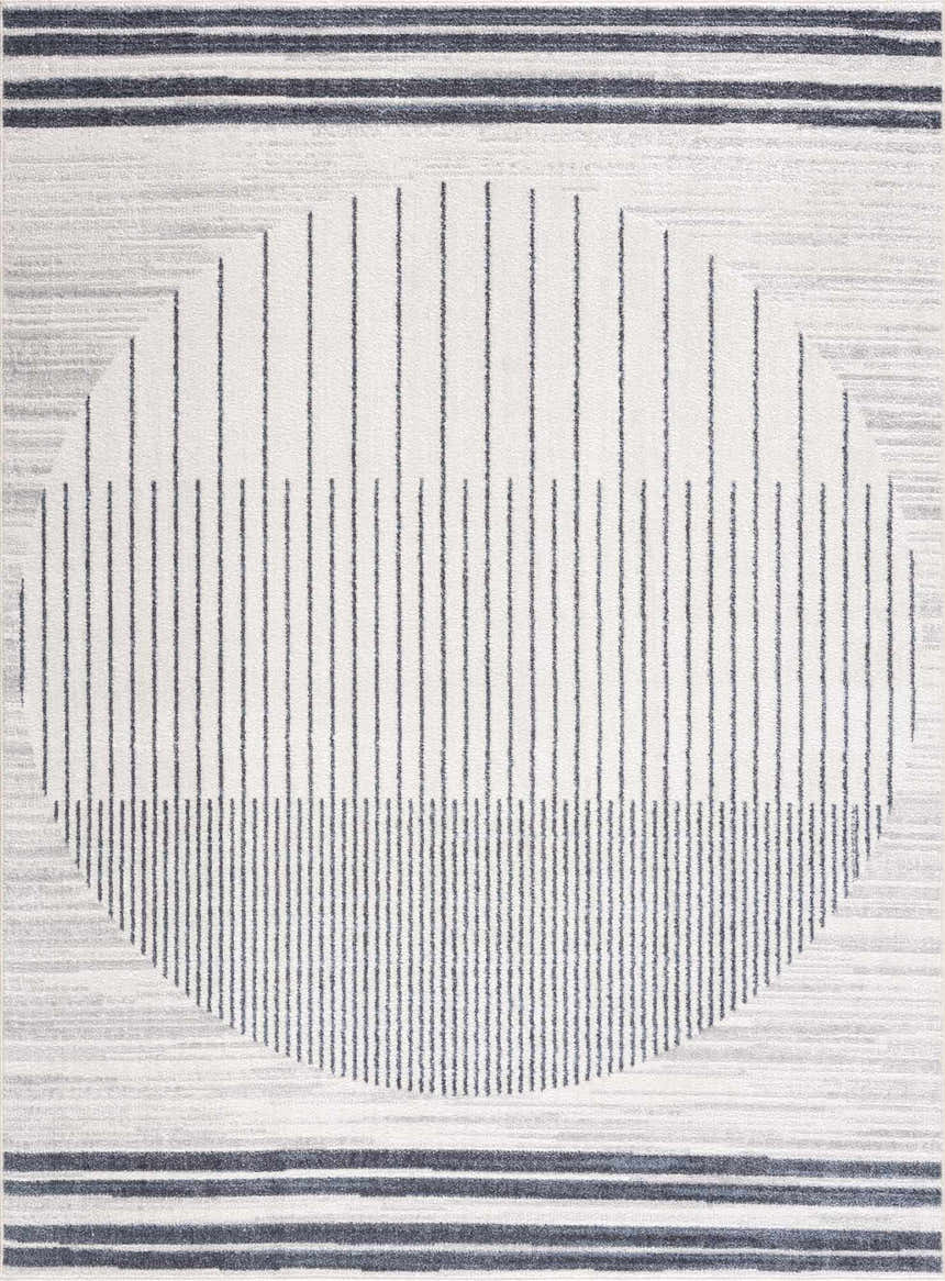 Close-up of the Thad Medium Gray Washable Area Rug featuring a geometric pattern with bone, gray, and dark gray stripes. Design-Rectangle-5373
