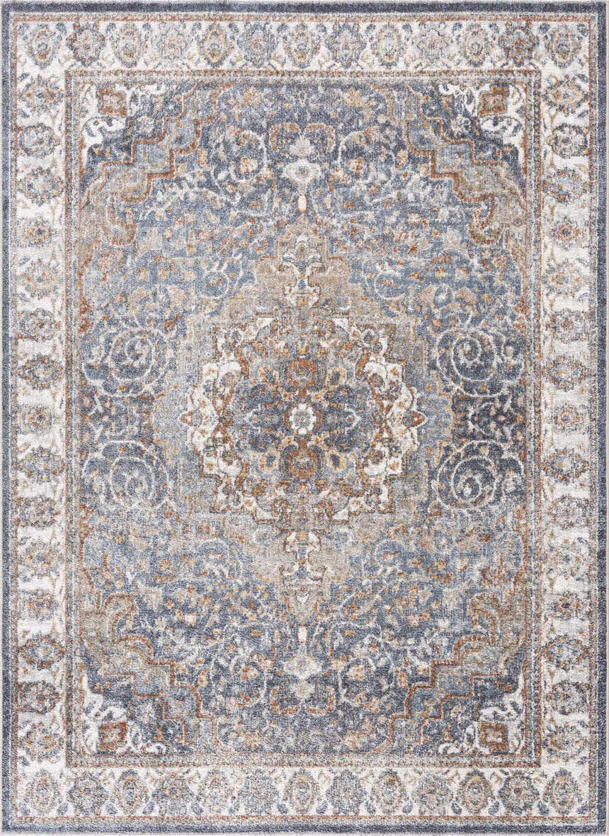 Detailed Aurum Blue & Beige Washable Area Rug featuring a traditional, ornate design with blue, beige, and gray tones. Design-Rectangle-5373