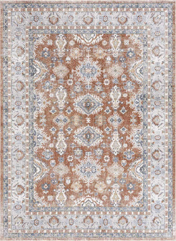Detailed view of a rust and blue Ezio Boutique Washable Rug with an intricate traditional pattern and soft, textured appearance. Design-Rectangle-5373