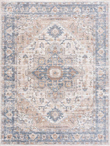Close-up of the Ezri Cream Washable Area Rug, showcasing its traditional oriental design with blue, rust, and tan colors. Design-Rectangle-5373