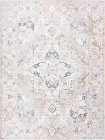 Close-up of Dobry Boutique Washable Rug. Machine-woven polyester rug in blue, off-white, and tan with a vintage oriental pattern. Design-Rectangle-5373