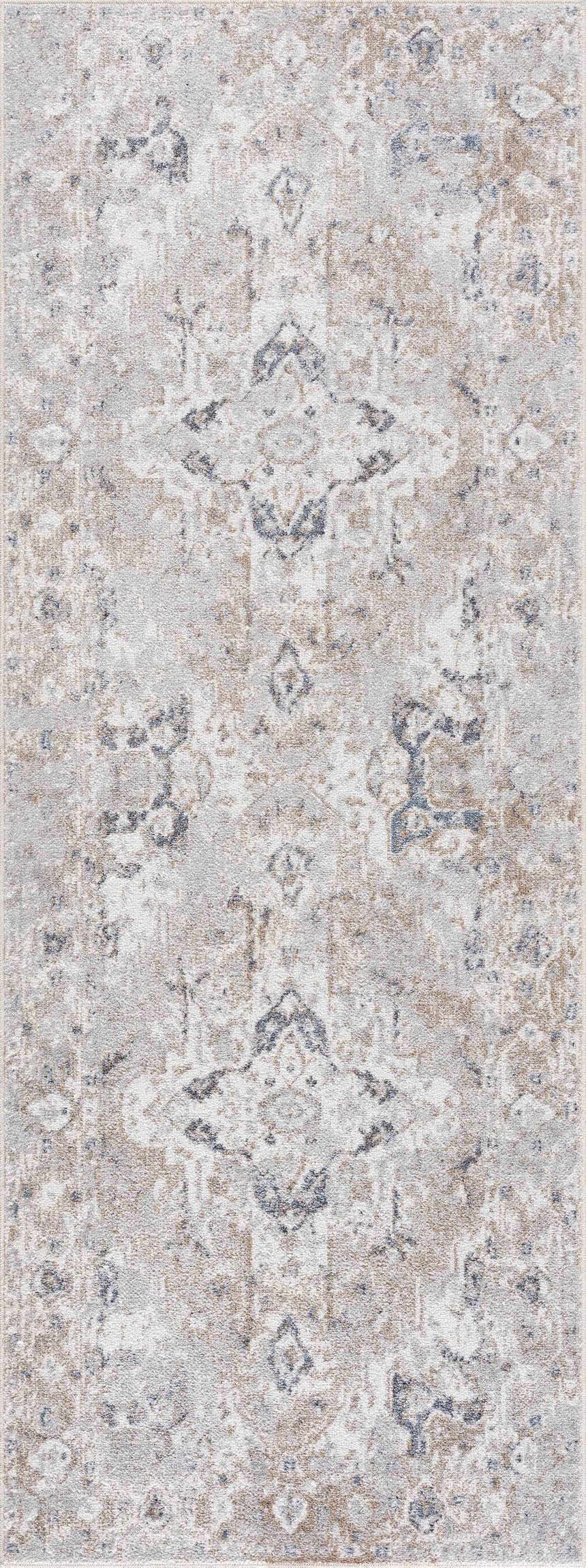 Close-up of the Dobry Boutique Washable Rug with a vintage oriental pattern in blue, off-white, and tan hues. Design-Runner-2773