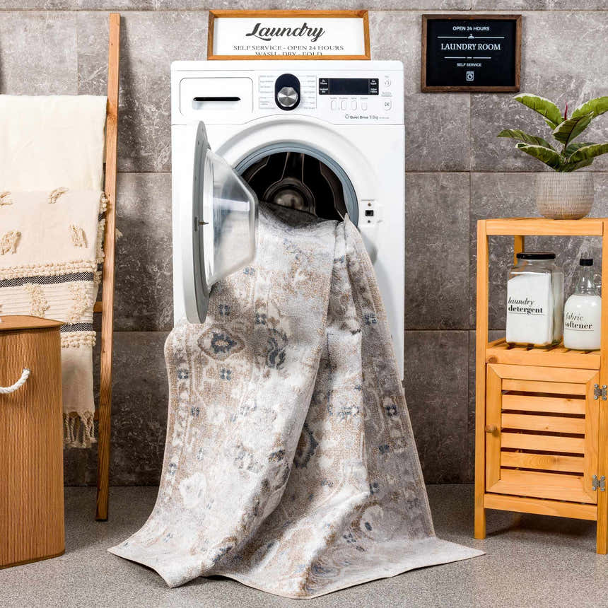 Laundry room scene with a Dobry Boutique Washable Rug being washed in a front load washing machine. Farmhouse style. Washing-Machine