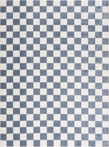 Close-up of the Brone Blue Checkered Washable Rug. Features a geometric checkered pattern in blue and off-white. Design-Rectangle-5373