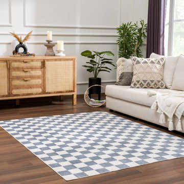 Living room with a Brone Blue Checkered Washable Rug, wood cabinet, and cream sofa. Contemporary style. Roomscene-Rectangle
