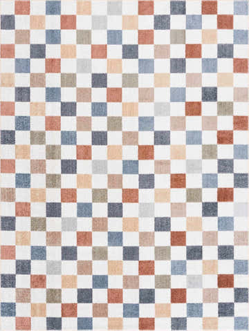 Close-up of the Alie Colorful Checkered Washable Rug, featuring a geometric checkerboard pattern in blue, peach, and tan hues. Design-Rectangle-5373