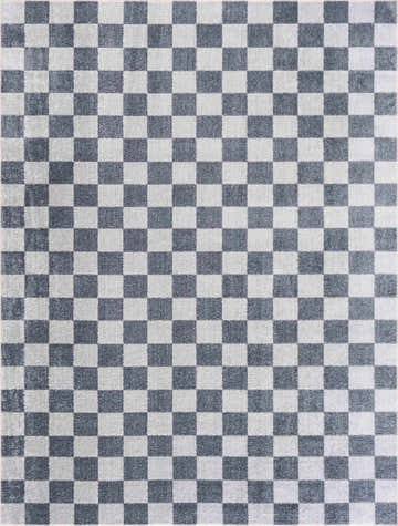 Close-up of the Alie Blue Gray Checkered Washable Rug, featuring a geometric checkerboard pattern in soft blue, gray, and ivory. Design-Rectangle-5373