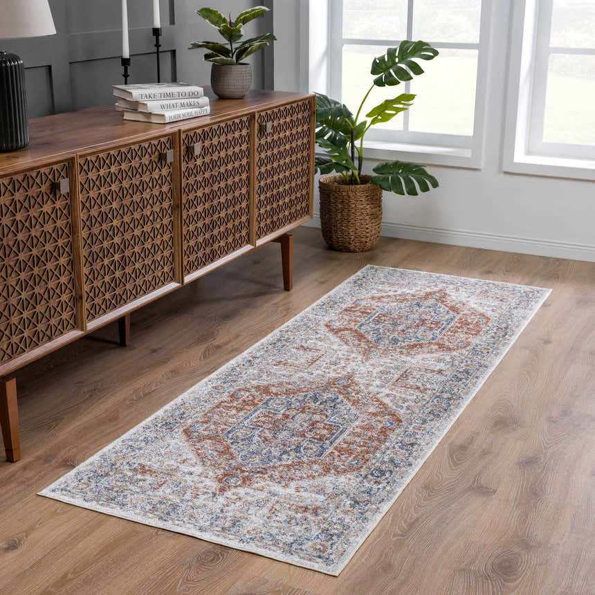 Hallway scene with Akram Gray & Orange Washable Area Rug runner. Traditional vintage style rug with light gray, orange, and blue tones. Roomscene-Runner