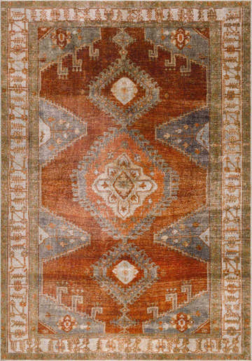 Detailed close-up of the Kullar Orange Washable Area Rug, featuring bohemian-inspired geometric patterns in orange, gray, and ivory. Design-Rectangle-576