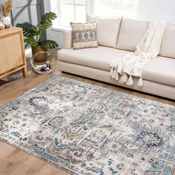 Living room scene with a Cabacungan Gray & Blue Washable Area Rug, beige sofa, wood cabinet, and potted plant. Roomscene-Rectangle