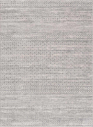 Close-up of Gravelbourg Washable Boho Rug. Gray and light gray diamond pattern with distressed, textured look. Design-Rectangle-537