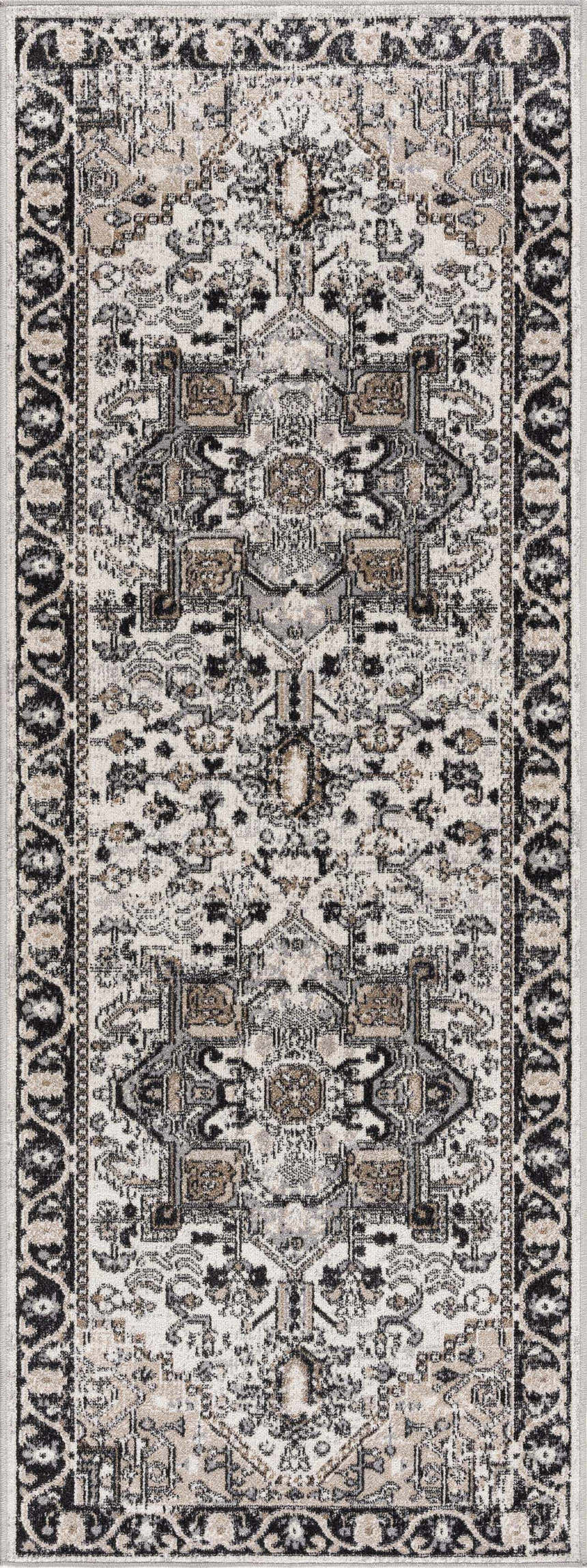 Close-up of the Cabacungan Washable Area Rug. Bohemian style rug in black, gray, light beige, and taupe. Traditional vintage pattern. Design-Runner-2710