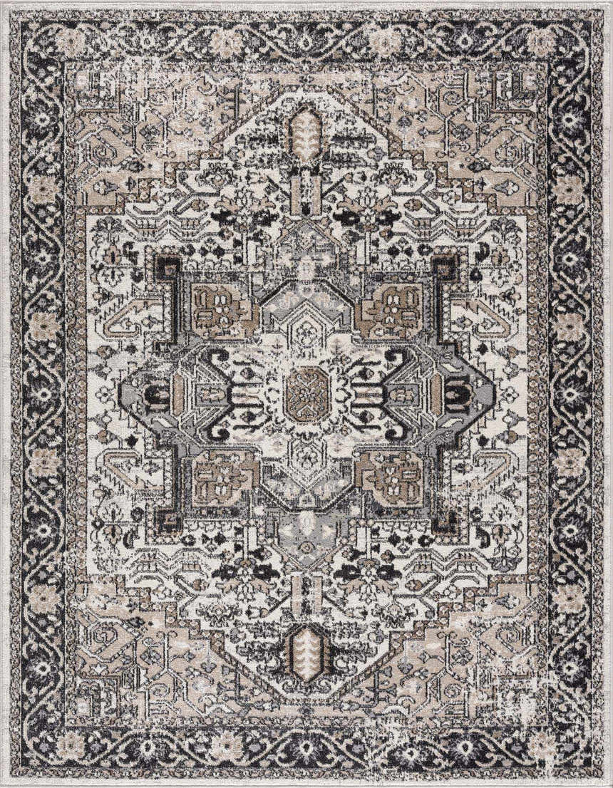 Close-up of the Cabacungan Washable Area Rug. Bohemian style rug in black, gray, beige and taupe with a traditional, vintage pattern. Design-Rectangle-537