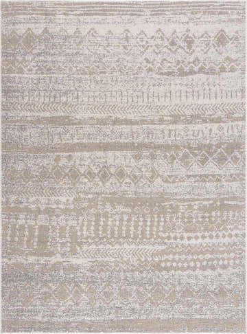 Close-up of Tupsan Washable Area Rug. Cream, light beige, and gray rug with a contemporary tribal pattern. Design-Rectangle-537