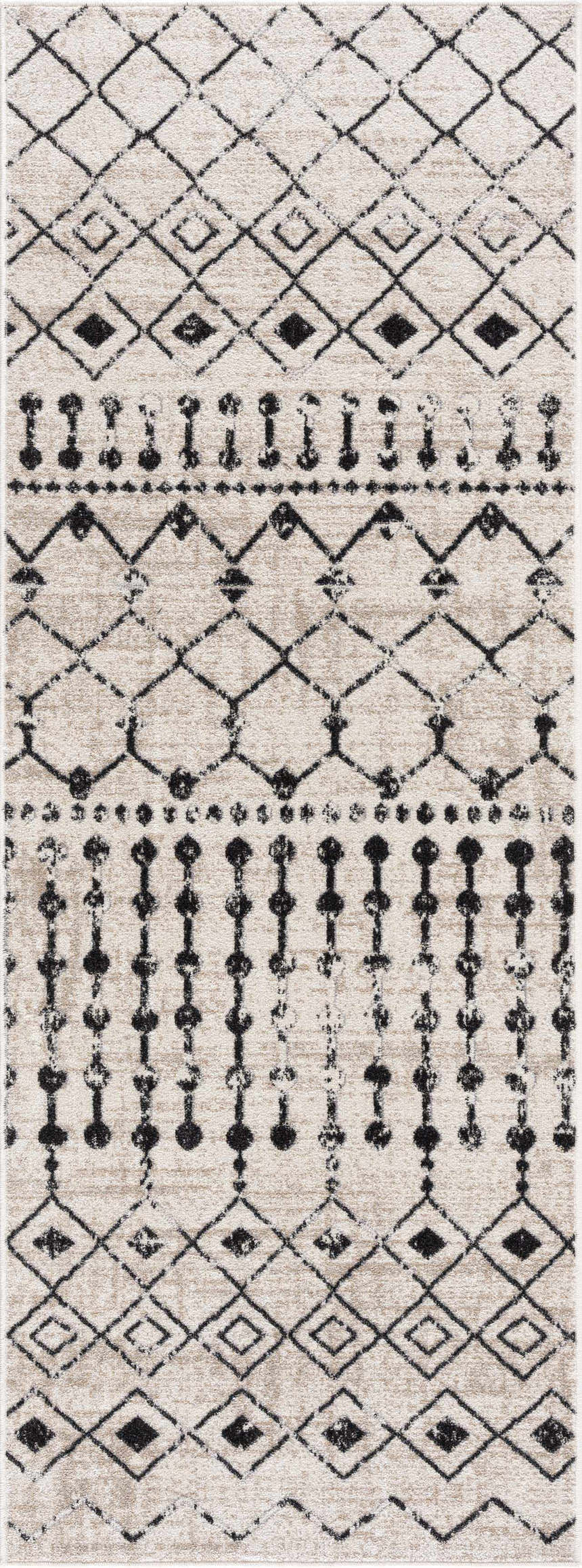 Close-up of the Joppatowne Washable Area Rug featuring a black geometric pattern on a cream and light beige background. Design-Runner-2773