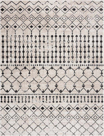 Close-up of the Joppatowne Washable Area Rug, featuring a geometric black pattern on a cream and light beige background. Design-Rectangle-537