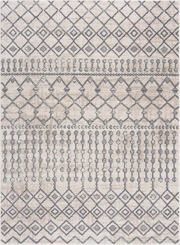 Close-up of the Midstream Washable Area Rug, featuring a geometric pattern in gray, ink blue, and light beige. Design-Rectangle-2339