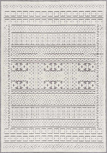 Close-up of Bahar Cream & Gray Washable Area Rug. Features a geometric pattern with off-white and gray hues. Machine woven texture. Design-Rectangle-537