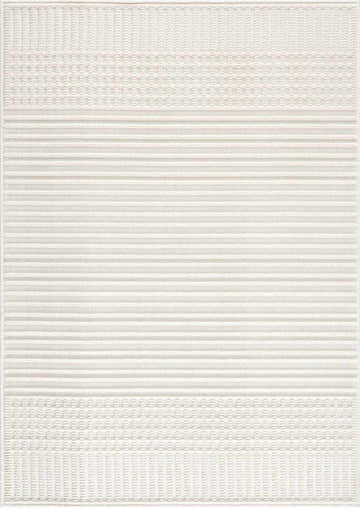 Close-up of the Rhun Washable Area Rug in off-white, featuring a subtle geometric pattern with horizontal lines and textured bands. Design-Rectangle-537