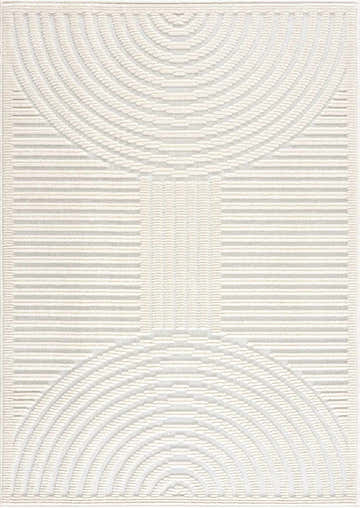 Close-up of the Deron White Washable 3D Rug, featuring a geometric pattern with semi-circles and horizontal lines. Design-Rectangle