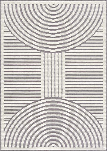 Close-up of the Deron Gray Rainbow Washable Rug featuring a geometric pattern with gray and white concentric arches and lines. Design-Rectangle-537
