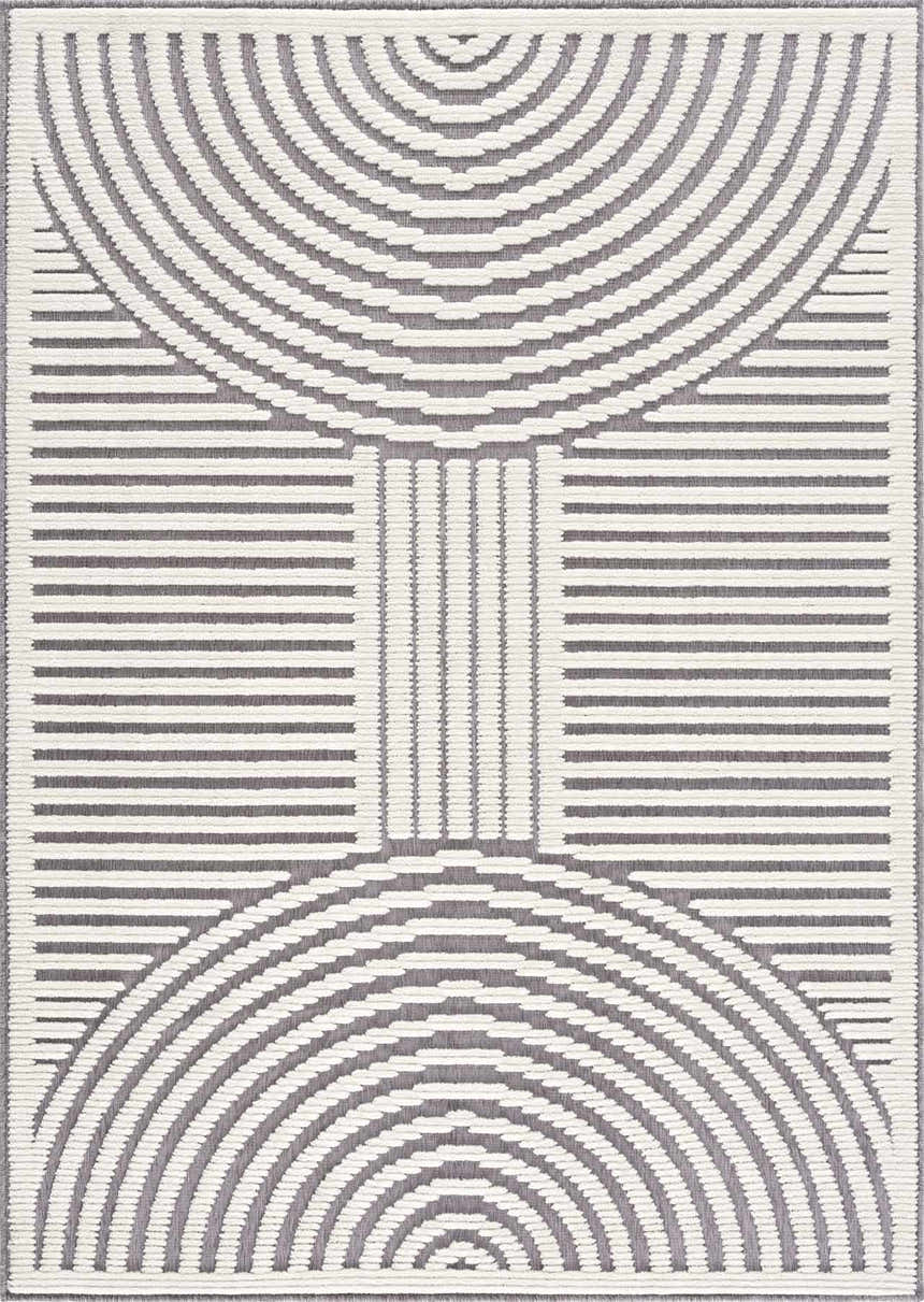 Close-up of the Deron Gray Rainbow Washable Rug featuring a geometric pattern with gray and white concentric arches and lines. Design-Rectangle-537