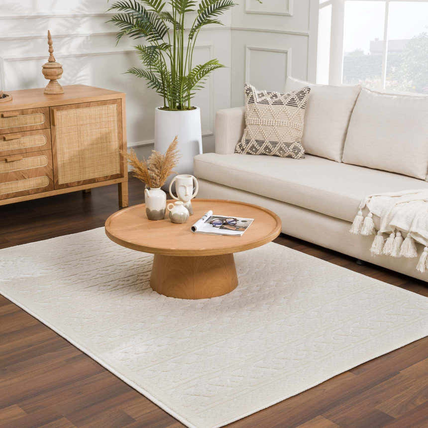 Living room scene with a white sofa, wood accents, and the Fadey White 3D Washable Rug. Roomscene-Rectangle