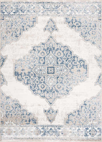 Close-up of the Amir Area Rug, a beige and cream traditional rug with an intricate oriental pattern. Design-Rectangle-46