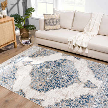 Living room scene with a beige sofa and the Amir Area Rug, a traditional rug in beige, cream, and blue. Roomscene-Rectangle