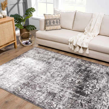 Living room scene with Eddie Area Rug in cream and gray, styled with a beige sofa and wood cabinet. Roomscene-Rectangle