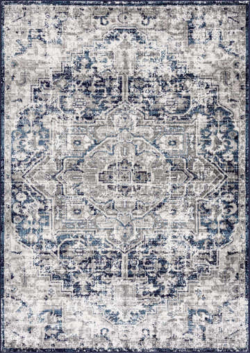 Close-up of the Buenaventura Navy Area Rug, a traditional vintage design in navy blue, gray, and white. Polypropylene, machine woven. Design-Rectangle-46