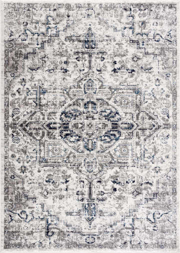 Close-up of the Buenaventura Cream & Navy Area Rug. Traditional oriental design with distressed details and soft polypropylene texture. Design-Rectangle-46