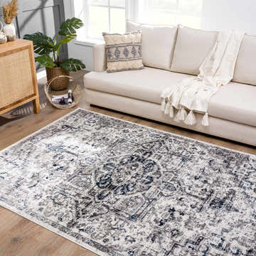 Living room scene with Buenaventura Cream & Navy Area Rug, cream sofa, wood cabinet, and indoor plants. Roomscene-Rectangle