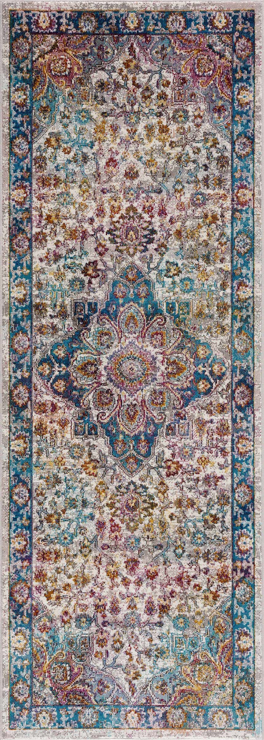 Close-up of the Mardin Colorful Area Rug: a vintage-style rug with blue, pink, mustard, and purple floral patterns. Design-Runner-2773