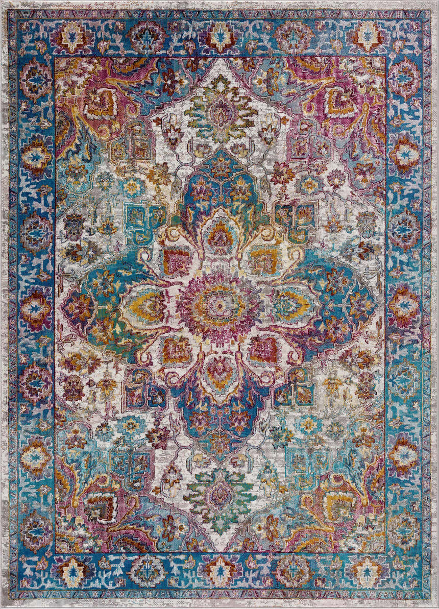 Detailed view of the Mardin Colorful Area Rug with blue, pink, mustard, and green floral and geometric patterns. Design-Rectangle-5373