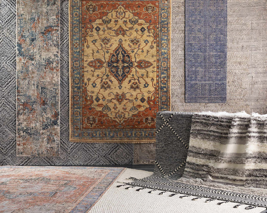 Assorted rugs on display: Bowlus Area Rug in aqua, brick red, brown, and ivory, plus other styles and textures. Styleshot