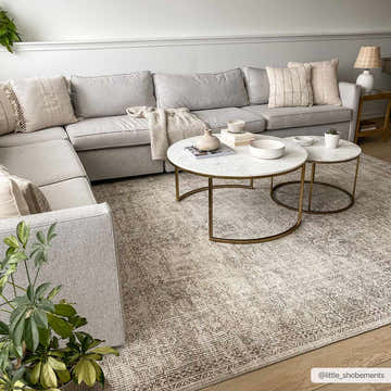Living room scene with gray sofa and round marble coffee tables on Margot Medallion Olive rug. Roomscene-Rectangle