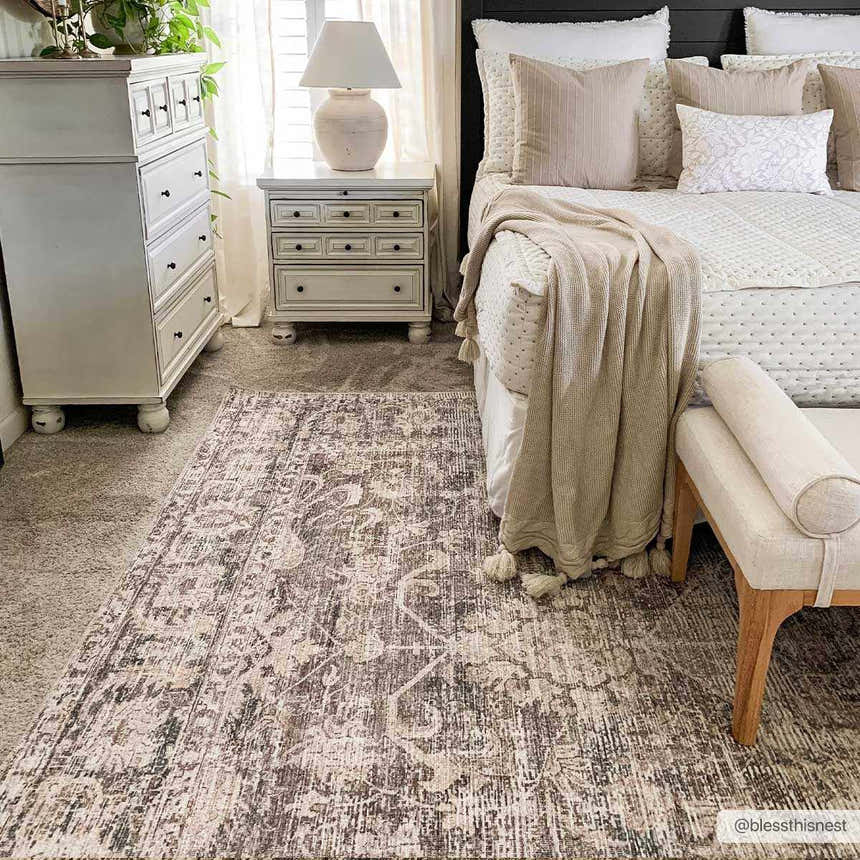 Farmhouse bedroom scene with Marlene Medallion Brown Area Rug, white dresser, and neutral bedding. Roomscene-Rectangle