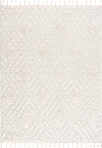 Close-up of Vineyards 3D Living Room Rug. Bone and cream geometric diamond pattern with tassels. Contemporary style. Design-Rectangle-537