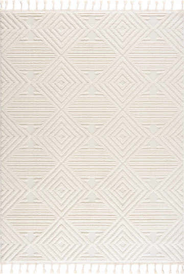 Close-up of the Manyas 3D Bone Area Rug. Features a geometric diamond pattern, tassels, and textured bone and cream hues. Design-Rectangle-679