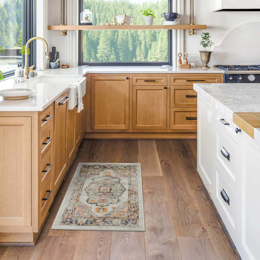 Modern farmhouse kitchen with a beige, blue, and brick red Hillcrest Area Rug. Roomscene-Rectangle