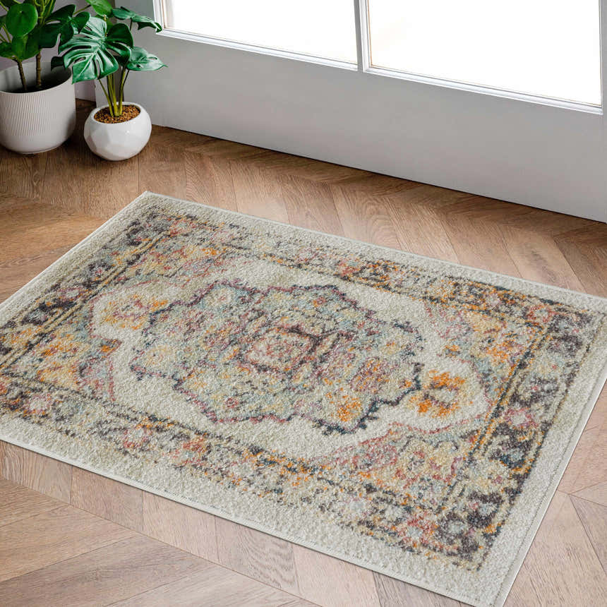 Entryway scene with a beige Hillcrest Area Rug featuring a traditional, colorful pattern on wood floors. Roomscene-Rectangle