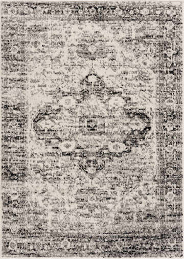 Close-up of the Park Black&Gray Area Rug with a traditional oriental pattern in charcoal, light gray, and off-white tones. Design-Rectangle-57